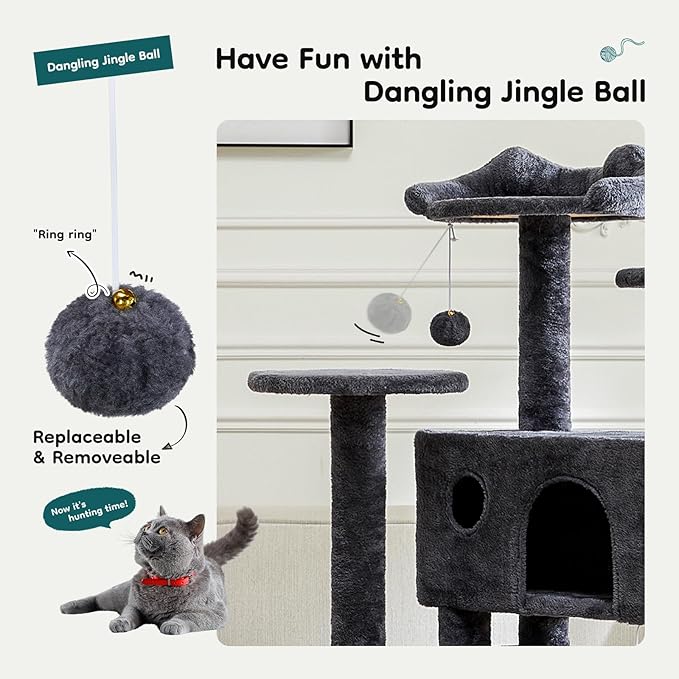 DUMOS 54-inch Indoor Cat Tree Tower –Multi-Level Pet House for Large Cats with 2 Condos, Scratching Posts, Round Platform, Small Ladder, and Toys – Perfect for Cats of All Ages, Dark Grey