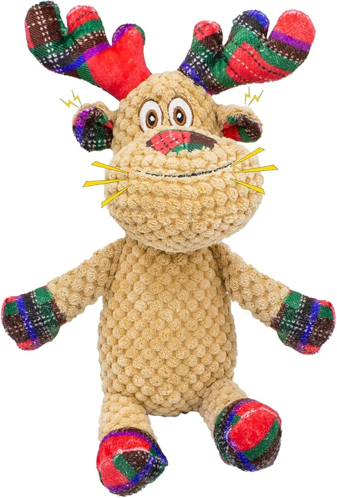 Dog Toys Squeaky Interactive Stuffed PP Cotton Puppy Teething Chew Toy Deer Shape Crinkle Sound Paper Tail, for Large Medium Small Breeds Indoor Outdoor Play