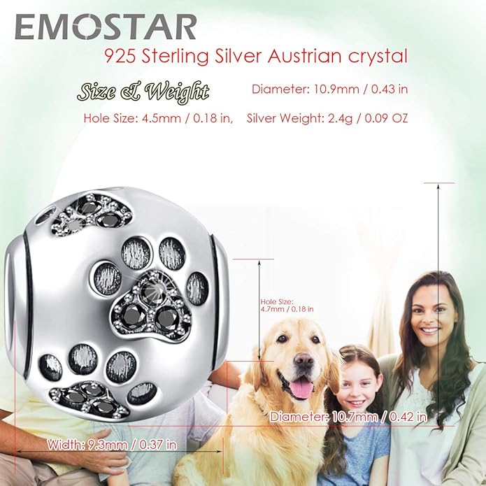 EMOSTAR Dog Paw Print Charms with Various Birthstone Crystals, 925 Sterling Silver Pawprint Beads for 3mm Snake Chain, Pet Lover Gifts for European Women Bracelet