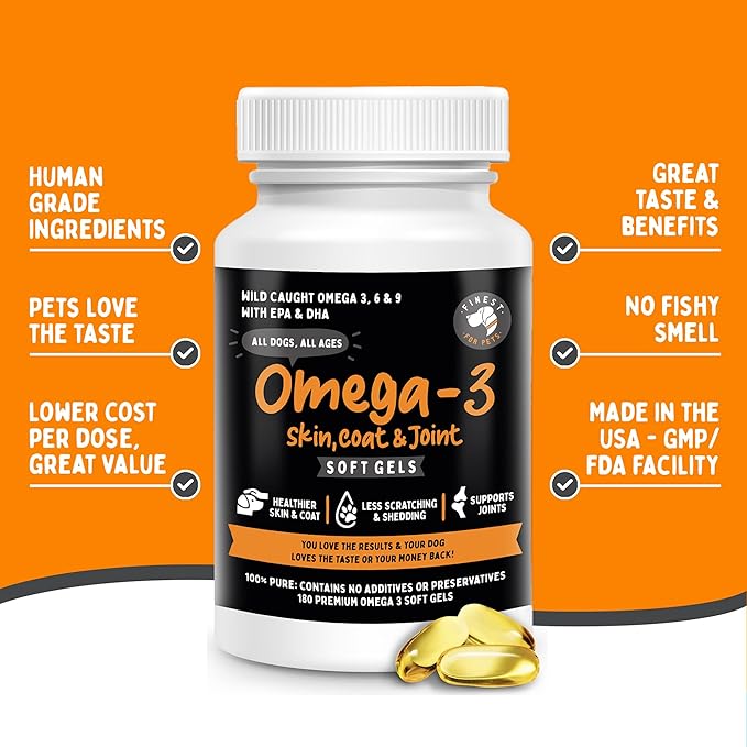 Omega 3 Fish Oil for Dogs - Finest For Pets Soft Gels for Skin & Coat, Itching, Shedding, Joints & Immune Health - 100% Pure Omega Fish Oil with EPA & DHA. Ideal for Medium to Large Dogs (180 ct)