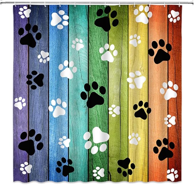 Dog Paws Shower Curtain Rustic Old Barn Wood Board Black White Cute Dogs Cat Pet Paw Abstract Animal Footprint Pattern Print Modern Bath Decor Curtains with Hooks 70Wx80H Inch