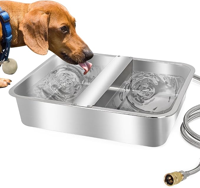 Automatic Water Dispenser for Dogs Livestock Water Trough 4 Gal Large Size Stainless Steel Waterer Feeder Outdoor Automatic Dog Water Bowl with Float Valve and 6.56 ft Water Hose Kit