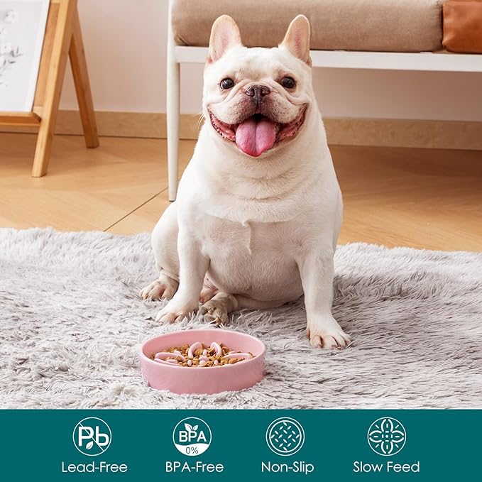 vancasso Ceramic Slow Feeder Dog Bowls, Puzzle Dog Food Bowls with Floral Maze, Anti -Slip Pet Food Dish for Small Breed, 0.6 Cups, Pink