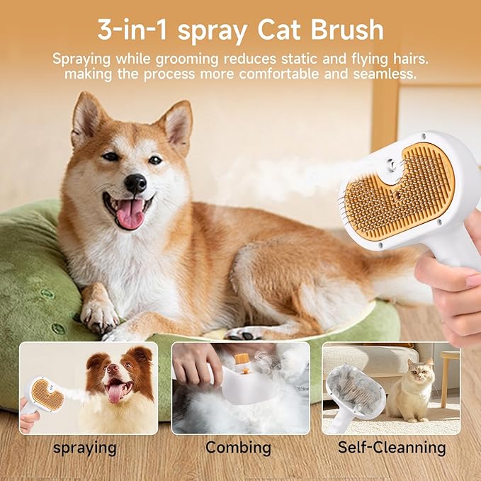 Pet Steam Brush for Dog & Cat – 3-in-1 Spray Hair Removal Comb – Steam for Shedding & Grooming – Water Brush for Long & Short Haired Pets – Spritz Defur Comb