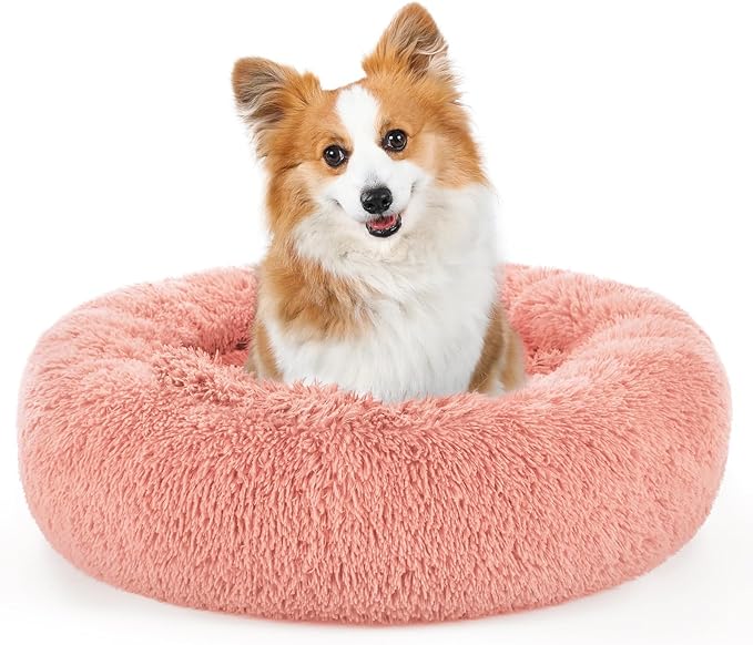 rabbitgoo Calming Dog Bed for Small Medium Dog, 30 inches Pet Bed Machine Washable, Non-Slip Round Fluffy Plush Faux Fur Large Cat Bed, Soft Donut Cuddler Cushion for Small Dog, Pink