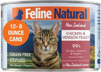 Feline Natural New Zealand Canned Catfood Wet Food, High-Meat, Low-Carb, & Grain Free Cat Food Wet, Chicken & Venison Feast, 6 oz, Pack of 12