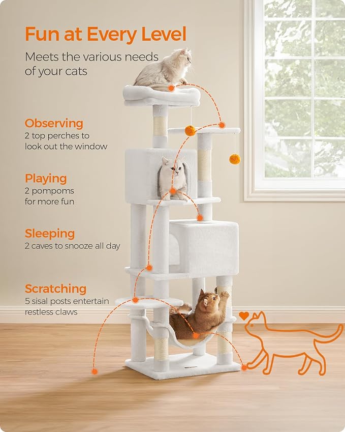Feandrea Cat Tree, 61-Inch Cat Tower for Indoor Cats, Plush Multi-Level Cat Condo with 5 Scratching Posts, 2 Perches, 2 Caves, Hammock, 2 Pompoms, Cream White UPCT192T01