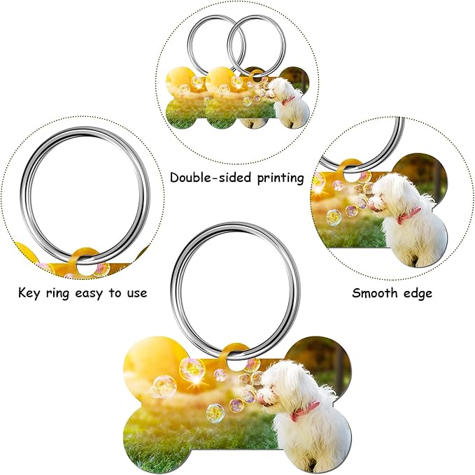 Hotop 16 Pieces Sublimation Blank Dog Tags Aluminum Bone Shaped Pet Name ID Tags Double Sided with 16 Pieces Key Rings for Dogs and Cats