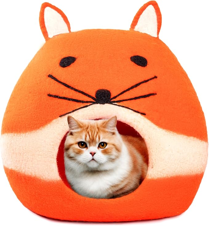 Luxurious Eco-Friendly Merino Wool Cat Cave Bed Sloth - Foldable Hideaway Pod for Indoor Cats - Premium Felt Kitten Beds - Covered Cat House for Ultimate Cozy Comfort by Woolygon
