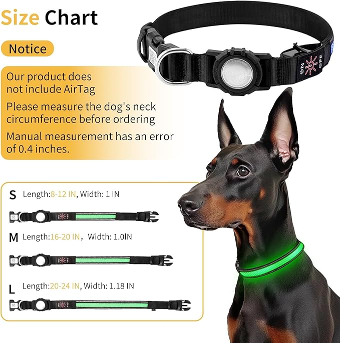 AirTag Dog Collar with QR Code & LED Light, IP68 Waterproof Rechargeable Pet Collar with Reflective Strips, Durable Airtag Holder for Medium/Large Dogs (Green, L(20-24 in))