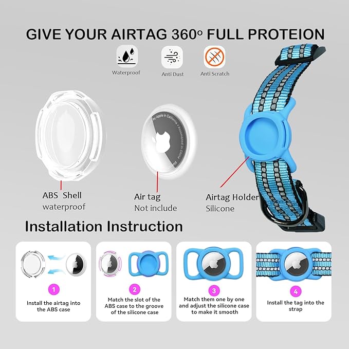 Reflective Dog Collar with Apple AirTag Holder & QR Code Pet ID Tag,Soft Nylon Adjustable Dog Tracker Collar with Safety Lock for Medium Dogs(Blue, M)