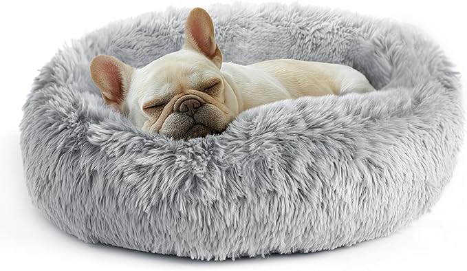Deconovo Calming Donut Dog Bed, Washable Plush Round Pet Bed for Small Dogs & Cats with Raised Rim, Non-Slip Base and Soft Faux Fur—Lightweight, Easy-Care Design Light Grey 30" L x 30" W x 8" Th