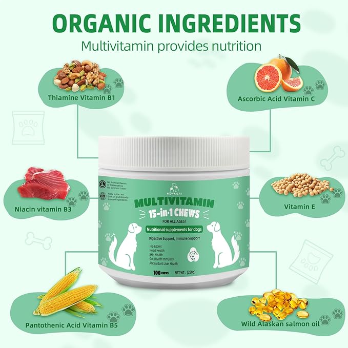 Premium Multivitamin Chewable for Dog - Dogs Vitamins Supplements with Glucosamine HCL Omega-3 Antioxidants Support Digestion Joint Health Immune Function Skin & Coat, Beef Flavor 100 Soft Treats