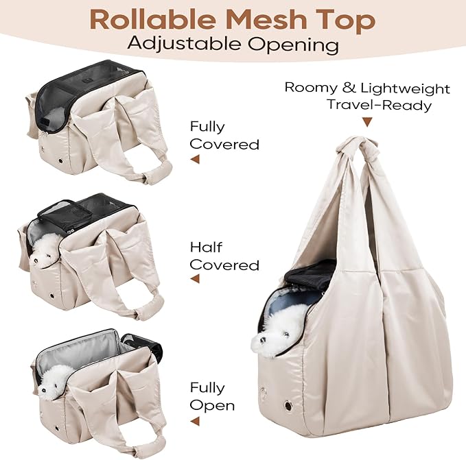 Dog Purse Carrier for Small Dogs, Cats, and Puppies – Soft-Sided Travel Pet Tote Bag with 4 Large Pockets, Foldable, Lightweight, Fits Pets up to 15 lbs, for Travel, Vet, Outings (Beige)