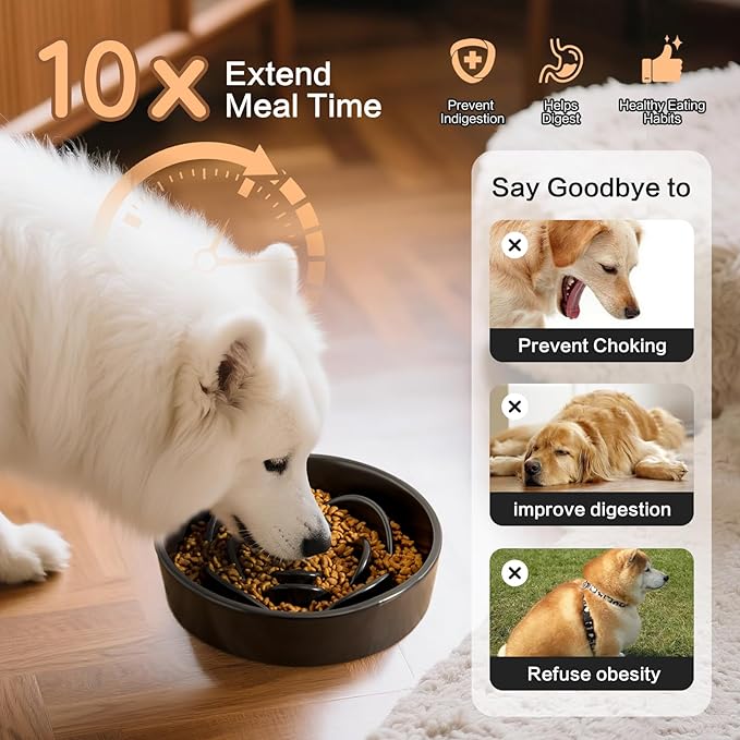 8.25'' Ceramic Slow Feeder Dog Bowls - Petal Shape Modern Dog Food Dish for Medium and Large Breeds, Puzzle Maze Bowl to Slow Down Eating, Anti-Gulping, Dishwasher & Microwave Safe, Black