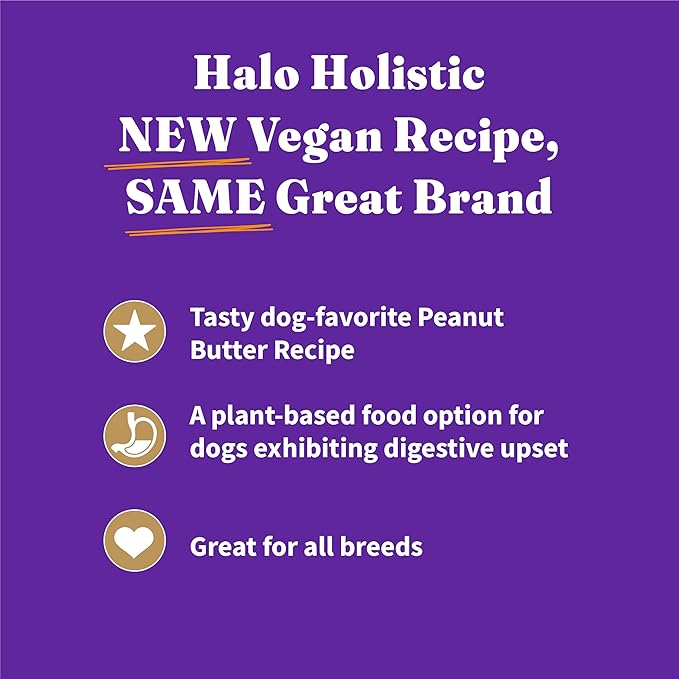 Halo Holistic Vegan Dog Food, Plant-Based Peanut Butter Recipe, Dry Dog Food, Complete Digestive Health, Kibble for Adult Dogs, 3.5 lb Bag