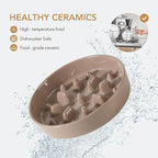 Ceramic Raised Slow Feeder Dog Bowl Set, Elevated 7.3inch Bowl and 8.2inch Slow Pet Food Dish with Wooden Stand for Medium and Large Dog (2 x Brown Coffee+ Stand)