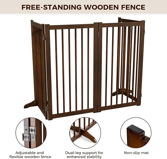 36" H Freestanding Pet Gate, Solid Wood Foldable Dog Gate with Support Feet, Wooden Tall Dog Gate for Doorway, Stairs & Indoor Use, 60" Wide Expandable Pet Fence, 4 Panels, Walnut