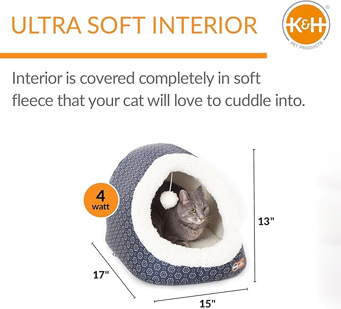 K&H Pet Products Thermo-Pet Cave Heated Cat Bed - Navy/Geo Flower 17 X 15 X 13 Inches