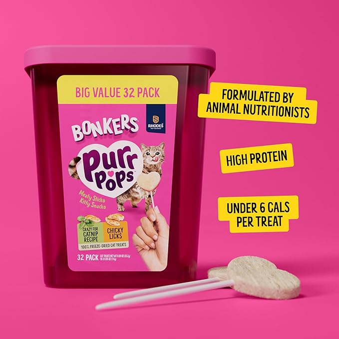 Bonkers Purrpops Freeze Dried Chicken & Catnip Flavor Lollipop Cat Treats, Healthy Single Ingredient Treats, Training Treats or Food Topper, for All Breeds and Ages, Value Pack (32 Pieces)