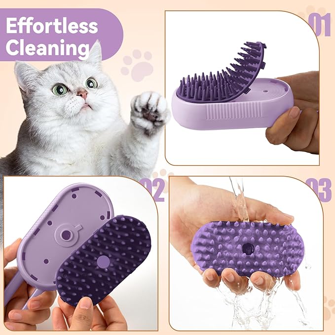 4 in 1 Pet Steam Brush for Shedding,Rechargeable cat brushes for indoor cats,Quiet Detangling Brush for Long Haired Cats and Dogs(Purple)