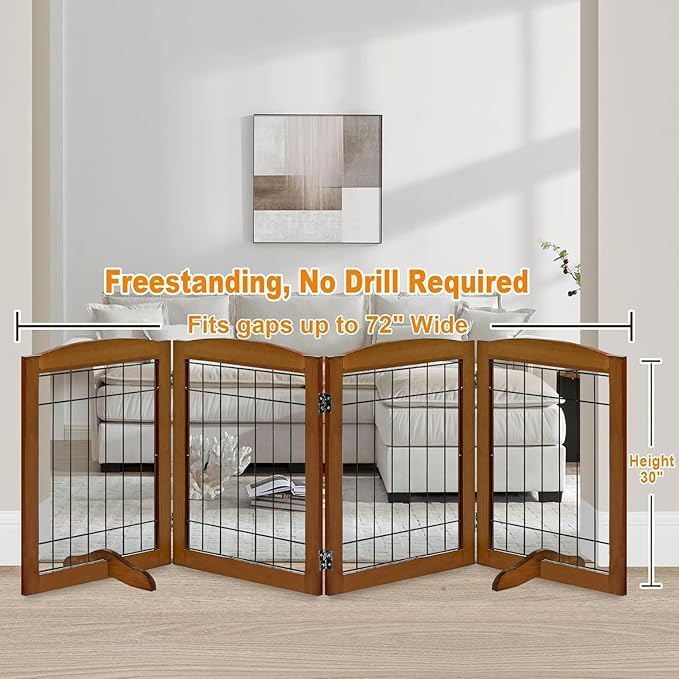 LZRS 4-Panel Freestanding Wooden Dog Gate—Extra Wide 30” Tall Foldable Pet Barrier with Support Feet, Solid Hardwood & Steel Wire Safety Gate for Doorways, Hallways, and Stairs, Cherry