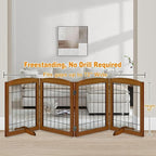 LZRS 4-Panel Freestanding Wooden Dog Gate—Extra Wide 30” Tall Foldable Pet Barrier with Support Feet, Solid Hardwood & Steel Wire Safety Gate for Doorways, Hallways, and Stairs, Cherry