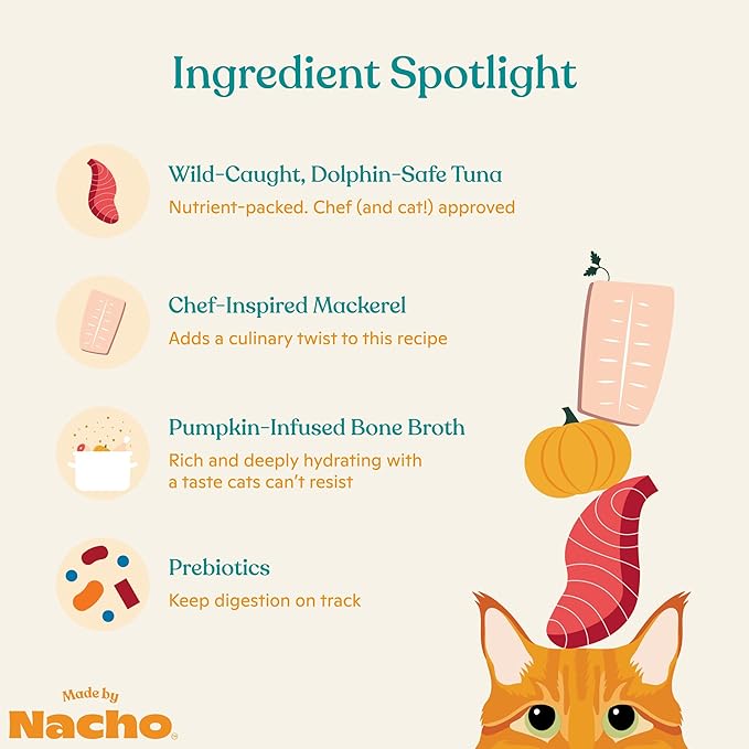 Made by Nacho Flaked Filets Recipe in Bone Broth, Grain-Free Chef's Selects Wet Food for Cats Balanced Diet in Naturally Hydrating Pumpkin-Infused Broth (3.0 oz (Pack of 12), Tuna & Mackerel)