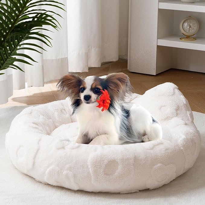 Round Dog Bed for Small Dogs & Cats -Washable Dount Cute Cat Bed for Indoor Cats, Orthopedic Sherpa Fleece Soft Cozy Calming Pet Bed with Removable Zipper Cover (White, (23x23x8inches))