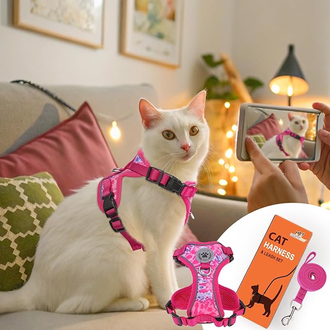 BEAUTYZOO Cat Harness and Leash Set for Walking Escape Proof- Neck Release Adjustable Vest Harness for Kitten, Small/Medium/Large Cats, Breathable Mesh & Reflective Strips Travel Harness for Outdoor