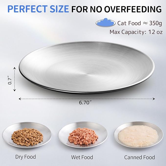304 Stainless Steel Cat Plates for Wet Food, 6.7" Shallow/Wide Whisker Friendly Cats Food Bowls, Non-Slip Silicone Base,Easy to Clean Indoor Cat Feeding Dishes, 3 Pack