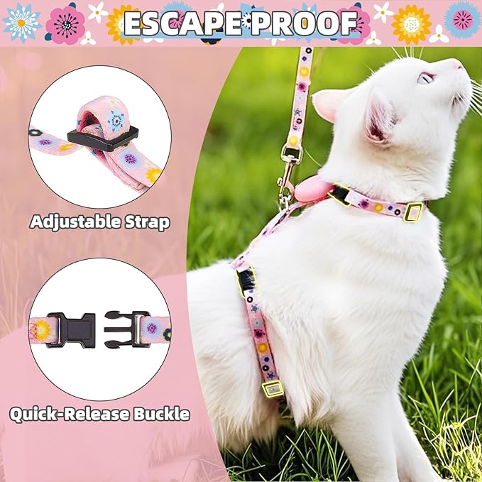 PUPTECK Adjustable Cat Harness and Leash Set Escape Proof Kitten Strap Collar for Walking Travel, Floral Pattern