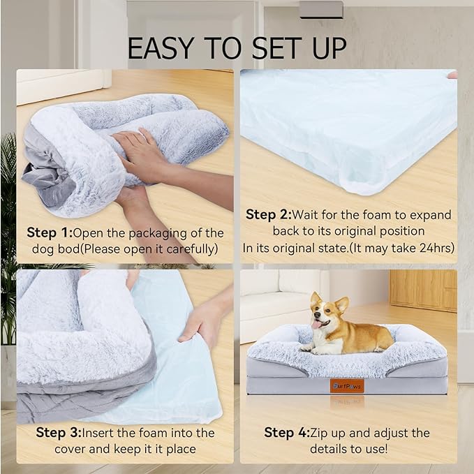 Orthopedic Dog Bed with Memory Foam - Luxurious Plush Surface, Removable & Washable Cover, Non-Slip Bottom, Dog Sizes (Large)