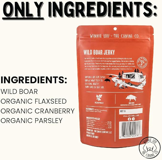 Winnie Lou Wild Boar Jerky Dog Treats – Limited Ingredient, Human Grade, Training Treats for Small, Medium & Large Dogs, Made in USA (1 Pack)