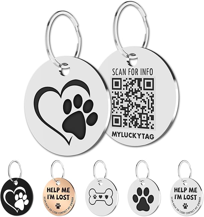 MYLUCKYTAG Stainless Steel QR Code Dog Tags - Scan QR for Instant Pet Location Alerts