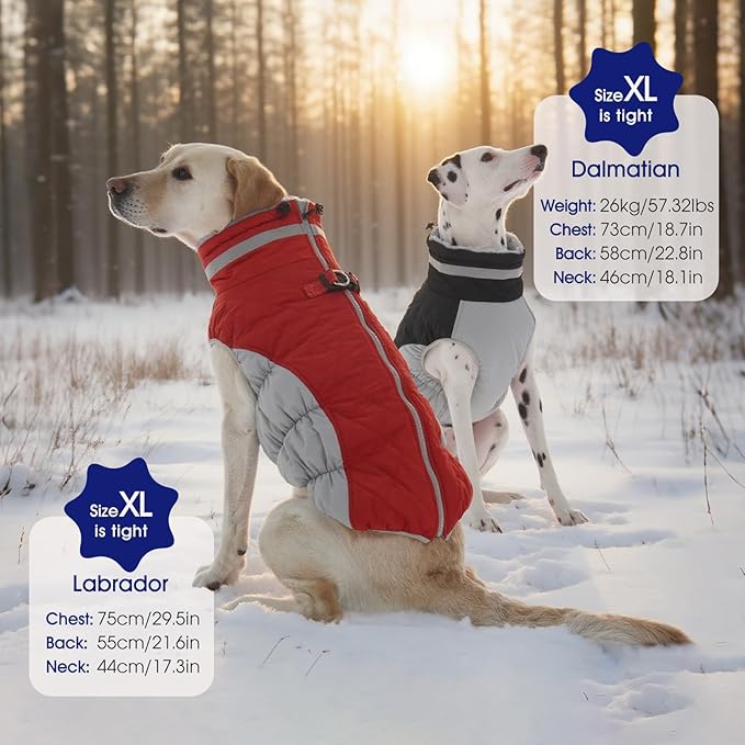 FUAMEY Dog Coat for Large Dogs,Waterproof Dog Winter Jacket with Harness Built in Puppy Cold Weather Coats Reflective Pet Vest with Zipper Warm Fleece Dogs Snowsuit Windproof Red XXXL