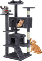 Sweetcrispy 54 Inch Cat Tree Tower, Multi-Level with Cat Scratching Post, Indoor Cat Condo with Climbing Ladder, Plush Toy, Play House for Cat, Dove Grey