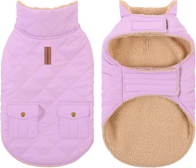 Winter Coat for Medium Dogs, Dog Plaid Jacket, Pets Coat for Cold Weather, Windproof Warm Garments, Pet Thickened Outfits Indoor Outdoor, Lilac M