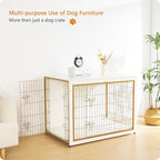 DWANTON Dog Crate Furniture with Cushion, Wooden Kennel Table with Double Doors, Indoor Dog House, Extra Large Size, 43.3" L, White+Gold