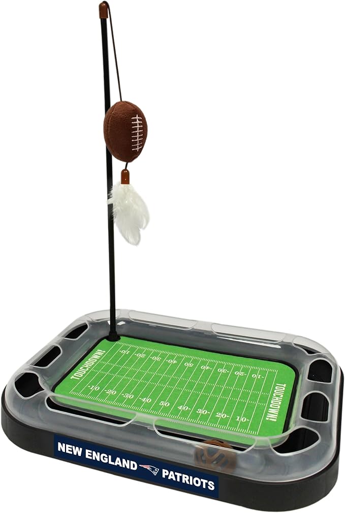Pets First CAT BALL BELL TOY New England Patriots Football Field CAT Scratcher Toy with Catnip Filled Plush Football Toy&Feather Cat Toy Hanging,&Jingle Bell Interactive Ball Chasing 5-in-1 Kitty Toy