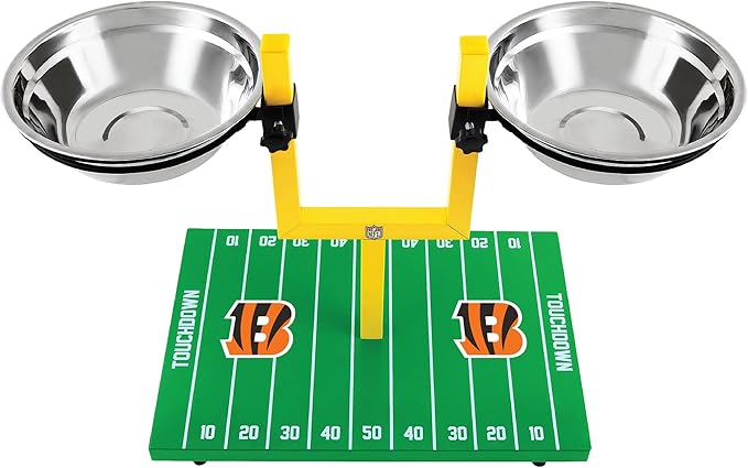 NFL Cincinnati Bengals Goalpost Football Field Dog Feeder – Adjustable Elevated Dog Bowls with Stand, 2 Stainless Steel Bowls, Non-Slip Rubber Feet, Raised Pet Feeder for Large & Small Dogs, Cats.
