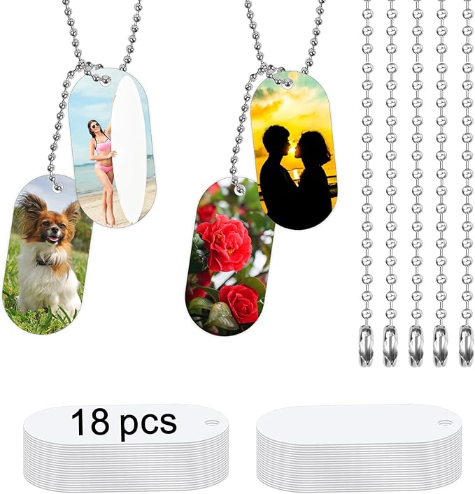 18 pcs Sublimation Dog Tags Blanks,Sublimation Necklace Blank Metal Sublimation Tag Pendants Double Sided Blank Sublimation Tags,Dog tag Chain Dog tag Sublimation Blank Metal