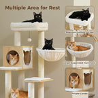 PEQULTI 57.5" Cat Tree with Litter Box Enclosure Large, Wood Cat Tower for Indoor Cats with Storage Cabinet and Cozy Cat Condo, Sisal Covered Scratching Post and Repalcable Dangling Balls, Beige