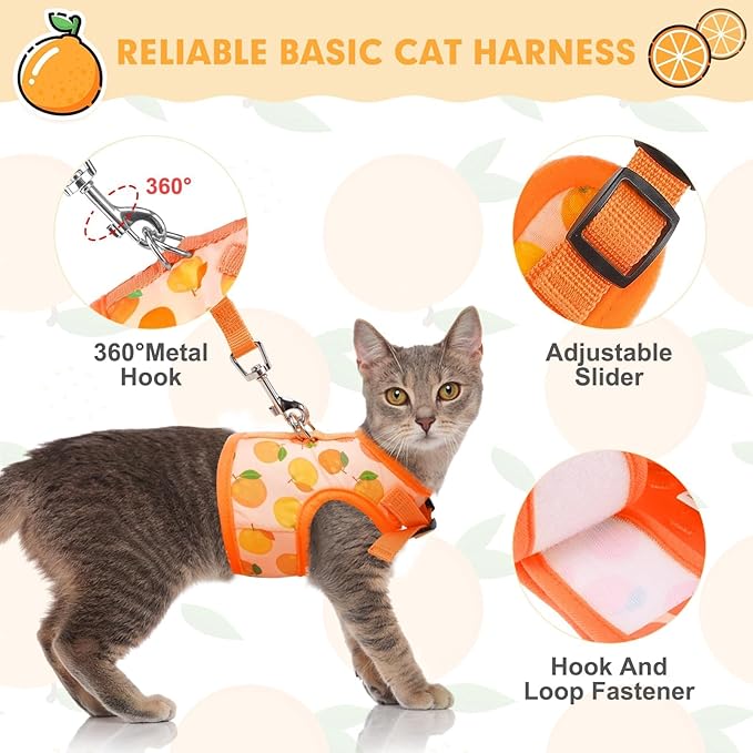 BINGPET Cat Harness with Leash Escape Proof - Fashionable Mesh Cat Dog Walking Harness Leads, Adjustable for Kitties Puppies Small Animals,Orange,S