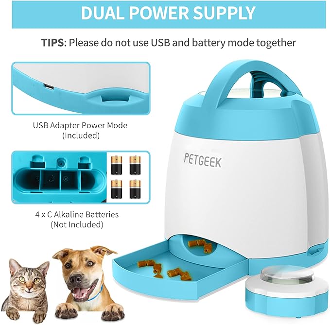 PETGEEK Automatic Dog Treat Dispenser with Button - Puzzle Memory Training Feeder, Pet Geek Button Treat Food Dispensing Toys Interactive, Iq Training Dog Feeder (Blue)