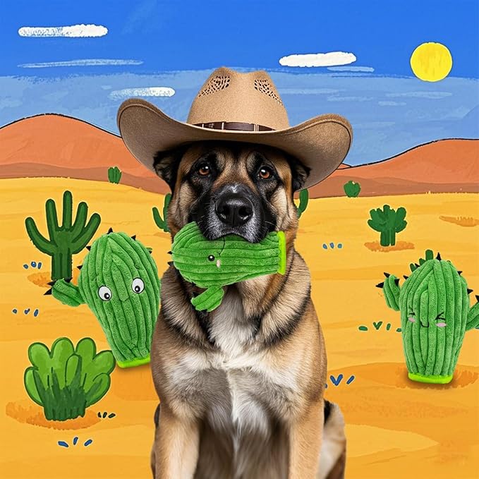No Stuffing 3 Pack Squeaky Dog Toys- 2 in 1 Interactive Plush Dog Toy- Cactus Shaped Rip and Reveal Toy for Puppies- Perfect for Indoor & Outdoor Play- Training & Toss & Play