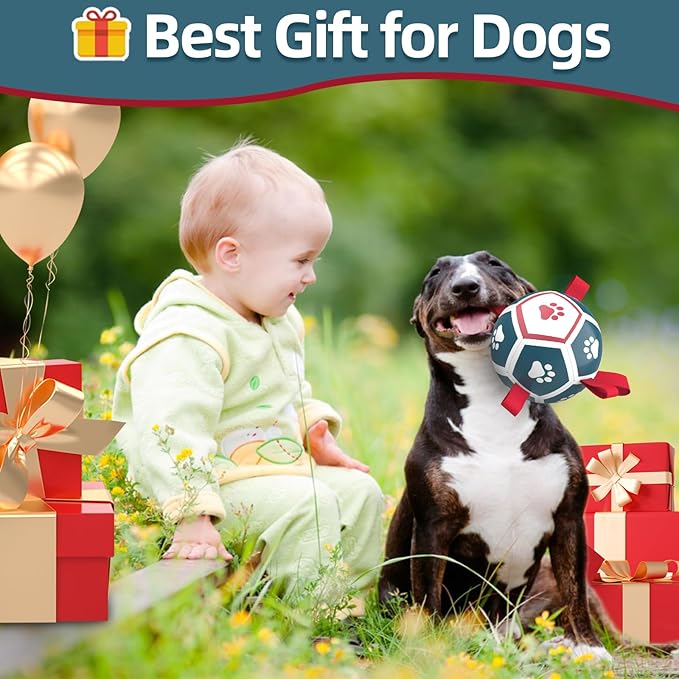 QDAN Dog Toys Soccer Ball with Straps, Outdoor Toys for Tug of War, Puppy Birthday Gifts, Dog Water Toy, Durable Balls for Small Dogs - Blue Red（5 Inch）