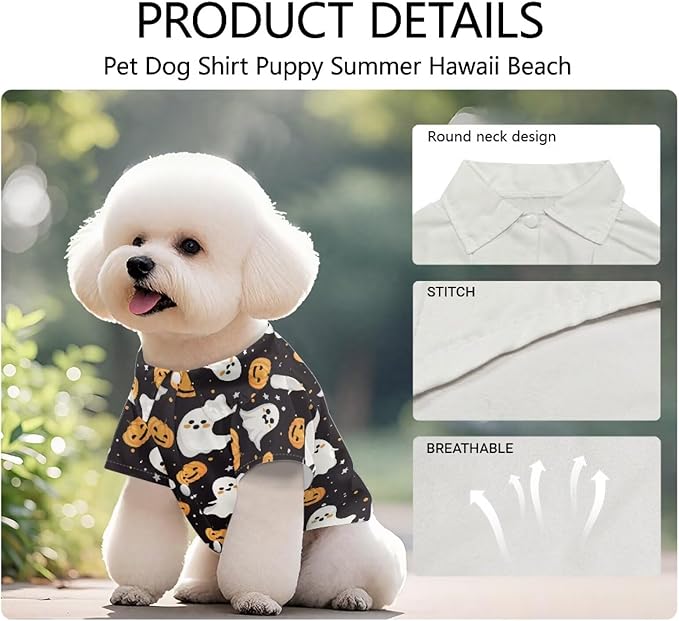 Dog Halloween Shirt Ghost Puppy Clothes Breathable Polyester Pet Doggy Shirts Puppy Outfit Apparel Coats for Pet Dog Cat Doggie Shirt Summer Cat Apparel for Yorkie Chihuahua