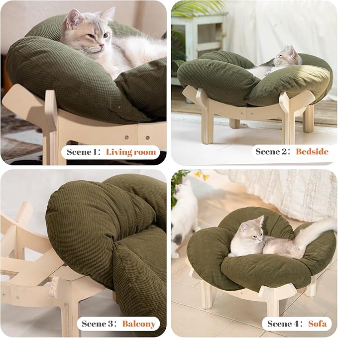 CHEERHOME PETS Elevated Cat Bed Wooden with Cushion Fluffy Pet Couch Sofa for Indoor Cats Raised Kitty Lounge Chair Suitable for Puppy, Cat Furniture(Green)
