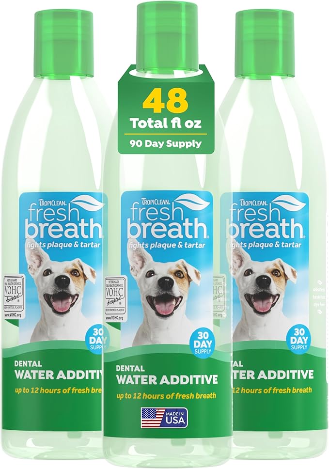 TropiClean Fresh Breath Water Additive for Dogs, Dog Breath Freshener & Teeth Cleaning Solution, No Toothpaste or Toothbrush Required, 16 oz, 3 Pack